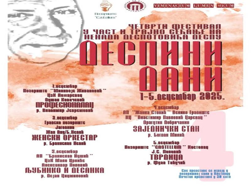 „Despini dani“ od 1. do 5. decembra u Kostolcu: Festival posvećen Nenadu Despotoviću