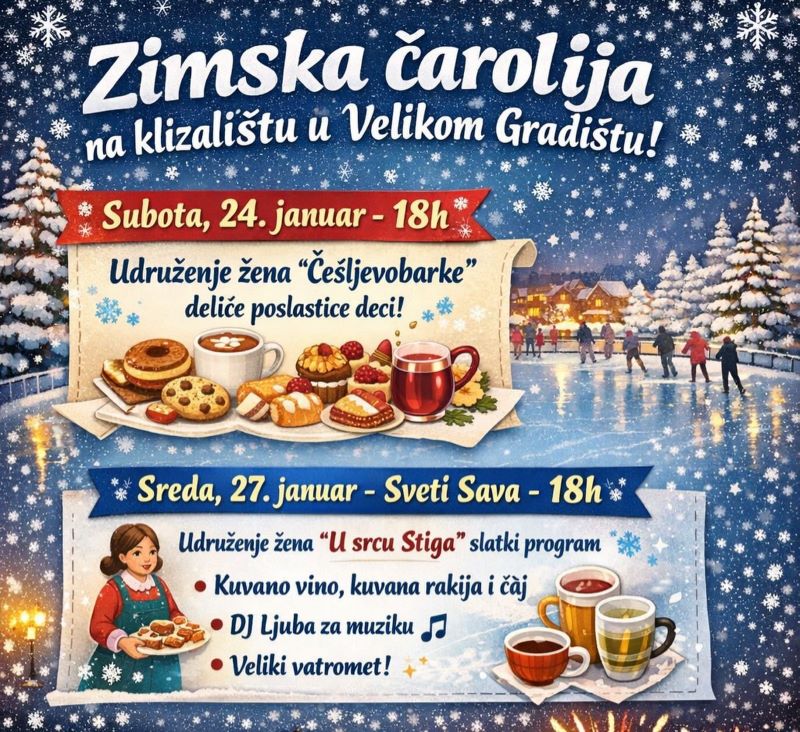 Zimska čarolija na klizalištu u Velikom Gradištu: Poslastice za najmlađe i spektakularno zatvaranje uz vatromet