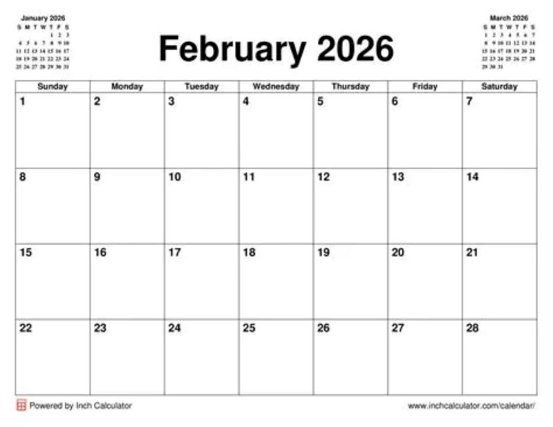 kalendar februar 2026