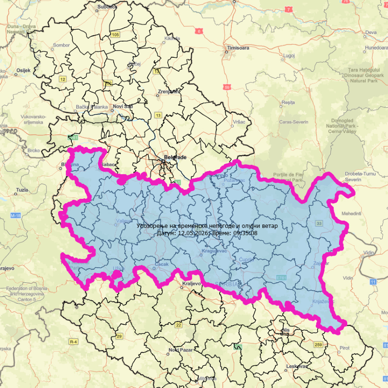 Republički hidrometeorološki zavod i Ministarstvo unutrašnjih poslova izdali su hitno upozorenje zbog vremenskih nepogoda koje mogu ugroziti bezbednost ljudi i životinja