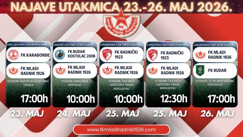 Najava utakmica fk mladi radnik 1926 za vikend od 23. do 26. maja 2026. godine.