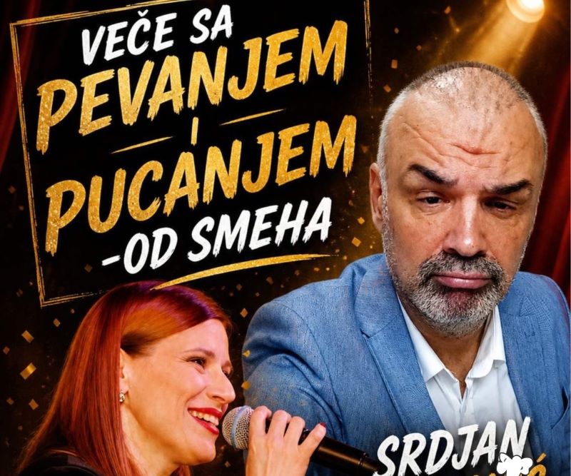 Plakat za„Veče sa pevanjem i pucanjem… od smeha!“, koje će biti održano 17. maja 2026. godine u Domu kulture u Kostolcu sa početkom u 20 časova.