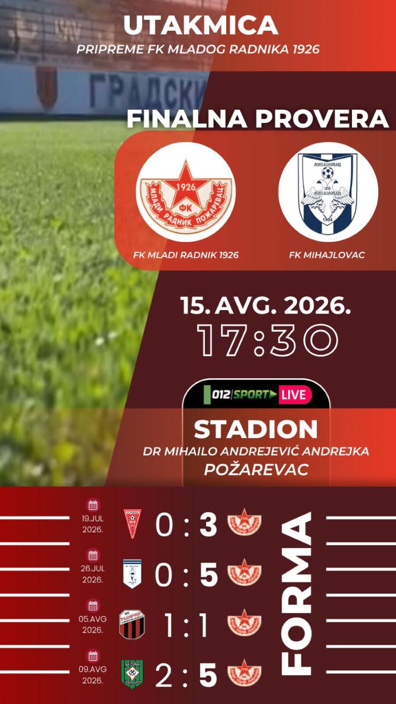 Finalna provera pred start sezone: „Mladi Radnik 1926“ dočekuje Mihajlovac na „Andrejki“ 3 Mladi Radnik 1926 u subotu igra poslednju pripremnu utakmicu