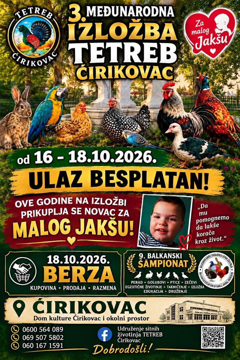 3. Međunarodna izložba „Tetreb“ u Ćirikovcu: Izložba sitnih životinja, Dečija šarenica i humanitarna akcija za malog Jakšu 5 3. Međunarodna izložba sitnih životinja Tetreb Ćirikovac i 9. Balkanski šampionat