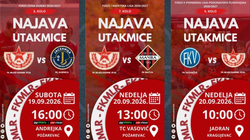 Mladi Radnik 1926 – najava utakmica seniora, kadeta i pionira ovog vikenda