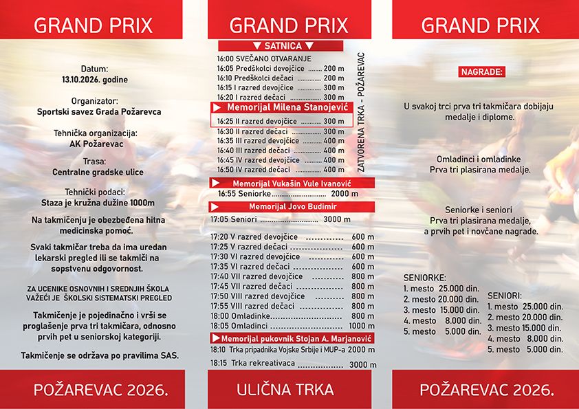 GRAND PRIX Požarevac 2026: Ulična trka 13. oktobra okuplja atletičare iz cele Srbije 8 Plakat najava ulične trke GRAND PRIX Požarevac 2026